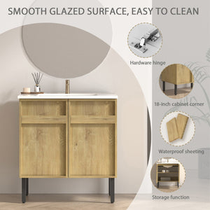 English Elm 30Inch Floor Standing Bathroom Vanity Sculptural Grooved Cabinet with Seamless Ceramic Basin W3520S00050