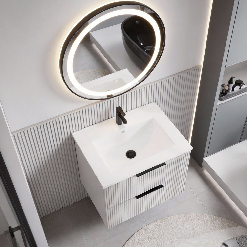 English Elm 30 Inch Floating Gray Bathroom Vanity Fluted Ceramic Sink Soft Close Drawers Modern W3520S00052