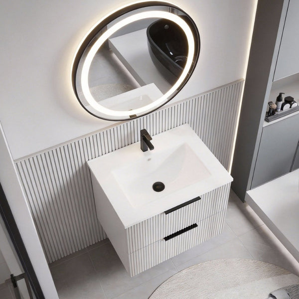 English Elm 30 Inch Floating Gray Bathroom Vanity Fluted Ceramic Sink Soft Close Drawers Modern W3520S00052