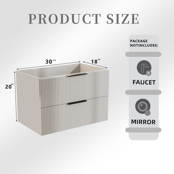 English Elm 30 Inch Floating Gray Bathroom Vanity Fluted Ceramic Sink Soft Close Drawers Modern W3520S00052