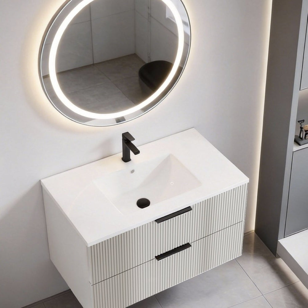 English Elm 36 Inch Floating Wall Mount Gray Vanity Fluted Cabinet with Integrated Ceramic Basin W3520S00053