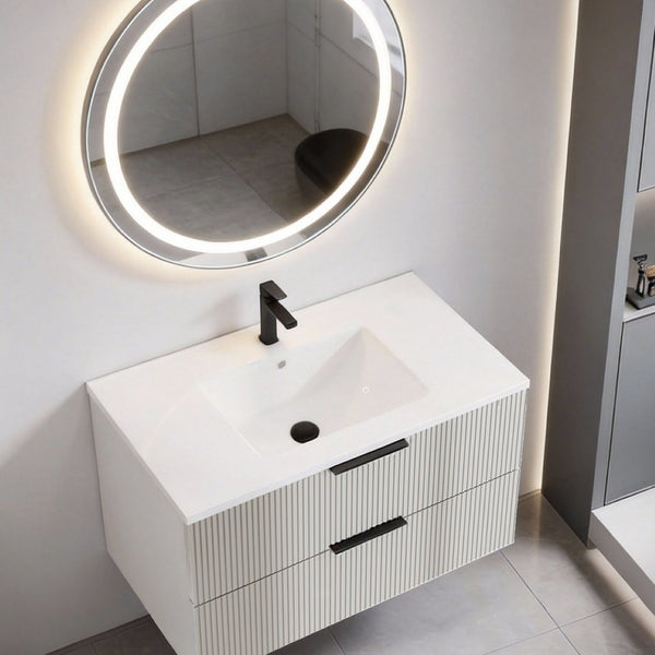 English Elm 36 Inch Floating Wall Mount Gray Vanity Fluted Cabinet with Integrated Ceramic Basin W3520S00053
