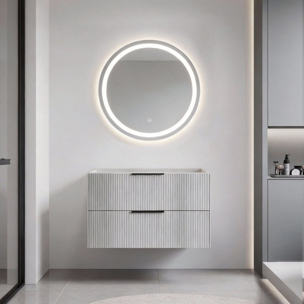 English Elm 36 Inch Floating Wall Mount Gray Vanity Fluted Cabinet with Integrated Ceramic Basin W3520S00053