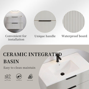 English Elm 36 Inch Floating Wall Mount Gray Vanity Fluted Cabinet with Integrated Ceramic Basin W3520S00053