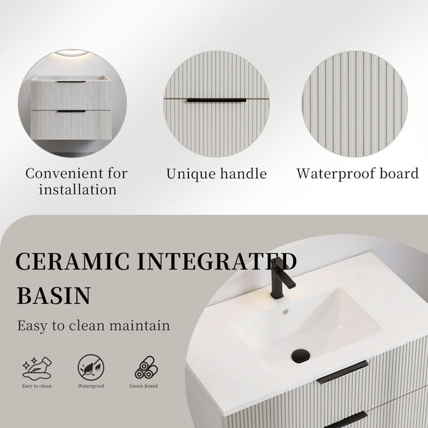 English Elm 36 Inch Floating Wall Mount Gray Vanity Fluted Cabinet with Integrated Ceramic Basin W3520S00053