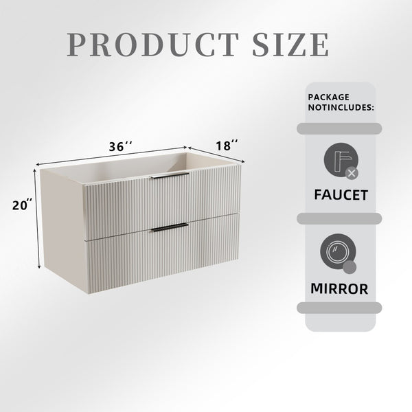 English Elm 36 Inch Floating Wall Mount Gray Vanity Fluted Cabinet with Integrated Ceramic Basin W3520S00053