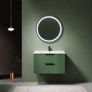 English Elm 30 Inch Floating Bathroom Vanity with Ceramic Basin Fluted Green Soft Close Drawers W3520S00054