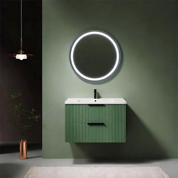 English Elm 30 Inch Floating Bathroom Vanity with Ceramic Basin Fluted Green Soft Close Drawers W3520S00054