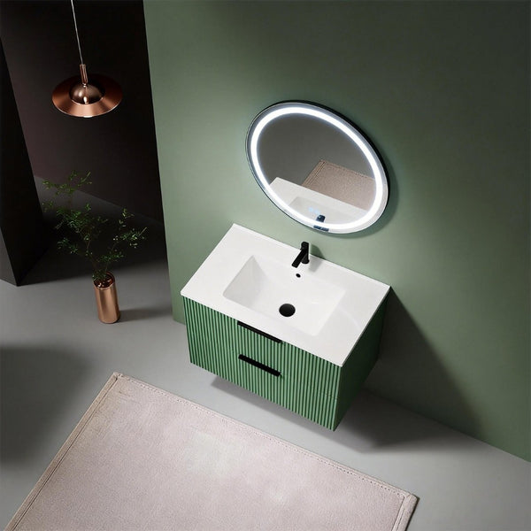 English Elm 30 Inch Floating Bathroom Vanity with Ceramic Basin Fluted Green Soft Close Drawers W3520S00054