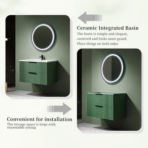 English Elm 30 Inch Floating Bathroom Vanity with Ceramic Basin Fluted Green Soft Close Drawers W3520S00054