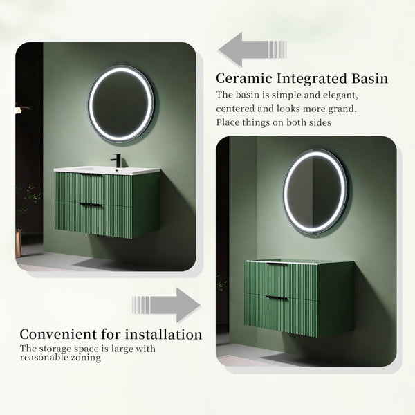 English Elm 30 Inch Floating Bathroom Vanity with Ceramic Basin Fluted Green Soft Close Drawers W3520S00054