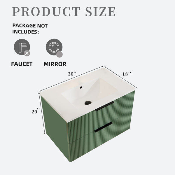 English Elm 30 Inch Floating Bathroom Vanity with Ceramic Basin Fluted Green Soft Close Drawers W3520S00054