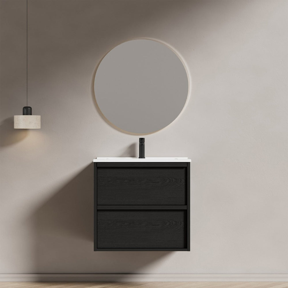 English Elm 24 Inch Floating Bathroom Vanity with Ceramic Sink Fluted Matte Black Two Drawers W3520S00055
