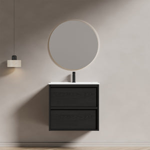 English Elm 24 Inch Floating Bathroom Vanity with Ceramic Sink Fluted Matte Black Two Drawers W3520S00055