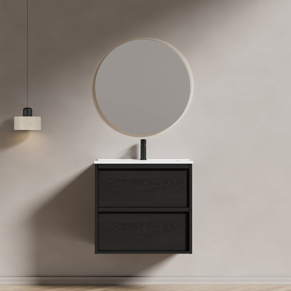 English Elm 24 Inch Floating Bathroom Vanity with Ceramic Sink Fluted Matte Black Two Drawers W3520S00055