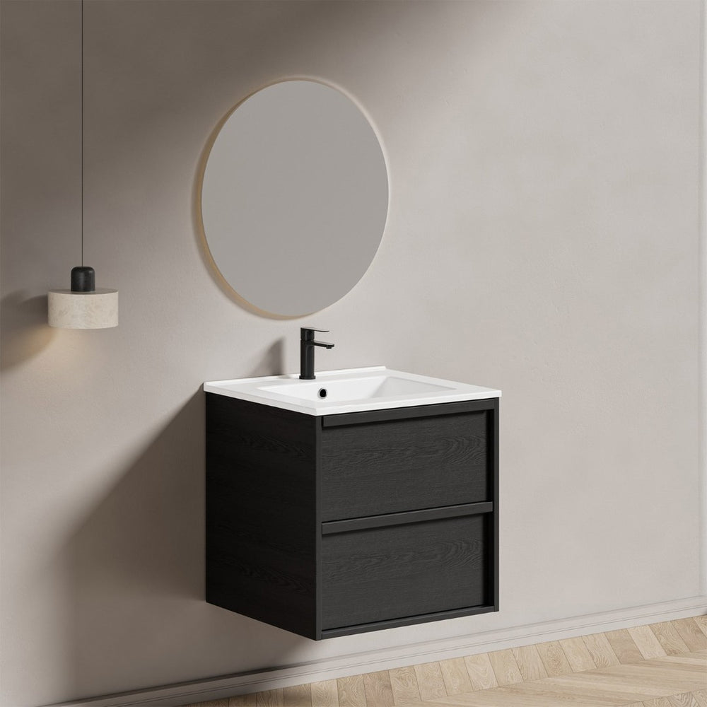 English Elm 24 Inch Floating Bathroom Vanity with Ceramic Sink Fluted Matte Black Two Drawers W3520S00055