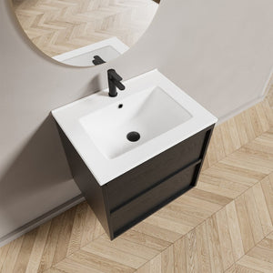 English Elm 24 Inch Floating Bathroom Vanity with Ceramic Sink Fluted Matte Black Two Drawers W3520S00055