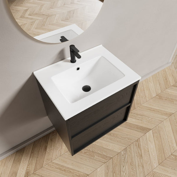 English Elm 24 Inch Floating Bathroom Vanity with Ceramic Sink Fluted Matte Black Two Drawers W3520S00055