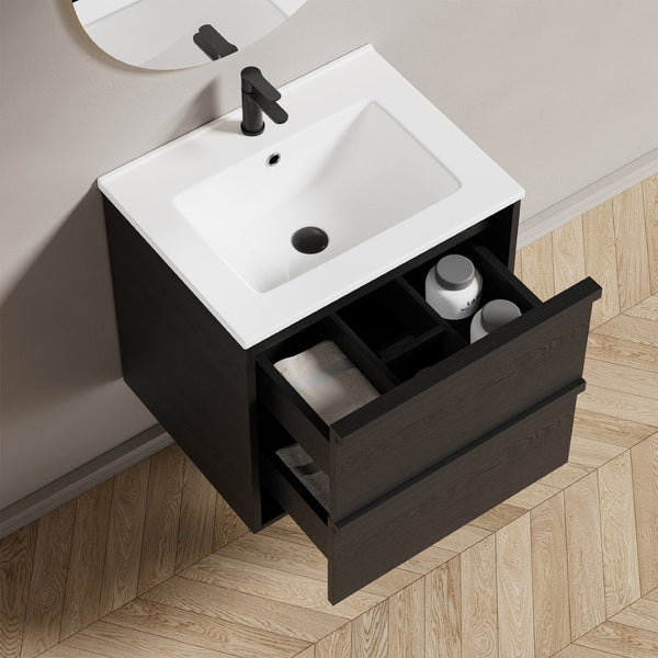 English Elm 24 Inch Floating Bathroom Vanity with Ceramic Sink Fluted Matte Black Two Drawers W3520S00055