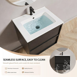 English Elm 24 Inch Floating Bathroom Vanity with Ceramic Sink Fluted Matte Black Two Drawers W3520S00055
