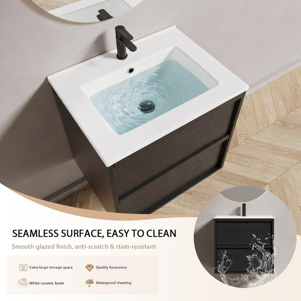 English Elm 24 Inch Floating Bathroom Vanity with Ceramic Sink Fluted Matte Black Two Drawers W3520S00055