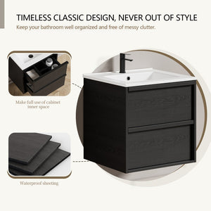 English Elm 24 Inch Floating Bathroom Vanity with Ceramic Sink Fluted Matte Black Two Drawers W3520S00055