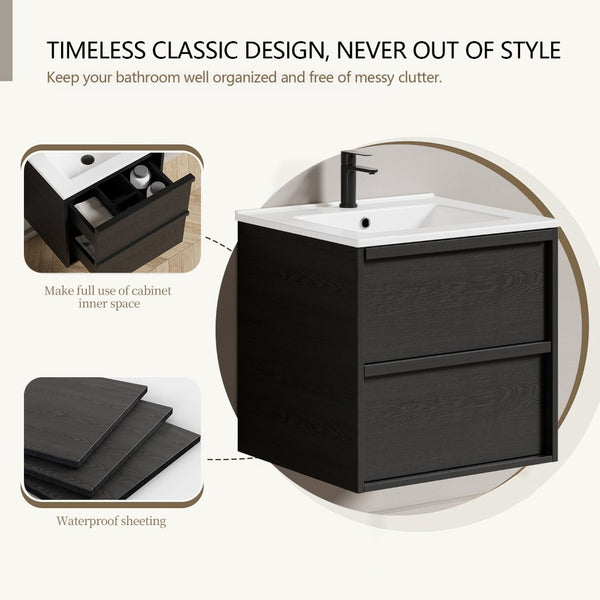 English Elm 24 Inch Floating Bathroom Vanity with Ceramic Sink Fluted Matte Black Two Drawers W3520S00055