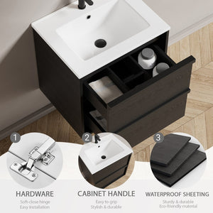 English Elm 24 Inch Floating Bathroom Vanity with Ceramic Sink Fluted Matte Black Two Drawers W3520S00055