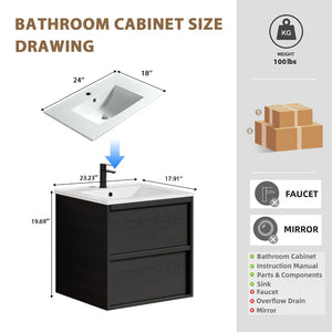 English Elm 24 Inch Floating Bathroom Vanity with Ceramic Sink Fluted Matte Black Two Drawers W3520S00055