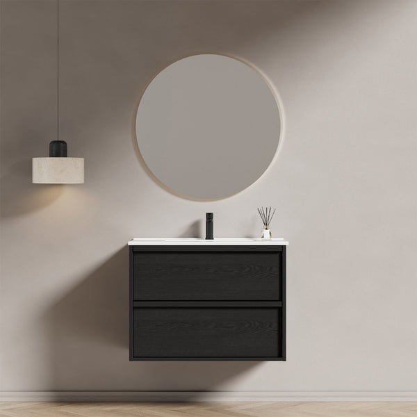 English Elm 30 Inch Floating Bathroom Vanity with Ceramic Sink Fluted Matte Black Modern Design W3520S00056