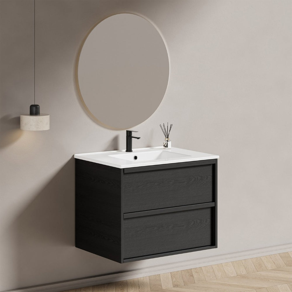 English Elm 30 Inch Floating Bathroom Vanity with Ceramic Sink Fluted Matte Black Modern Design W3520S00056