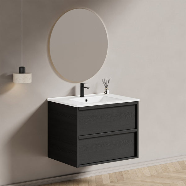 English Elm 30 Inch Floating Bathroom Vanity with Ceramic Sink Fluted Matte Black Modern Design W3520S00056