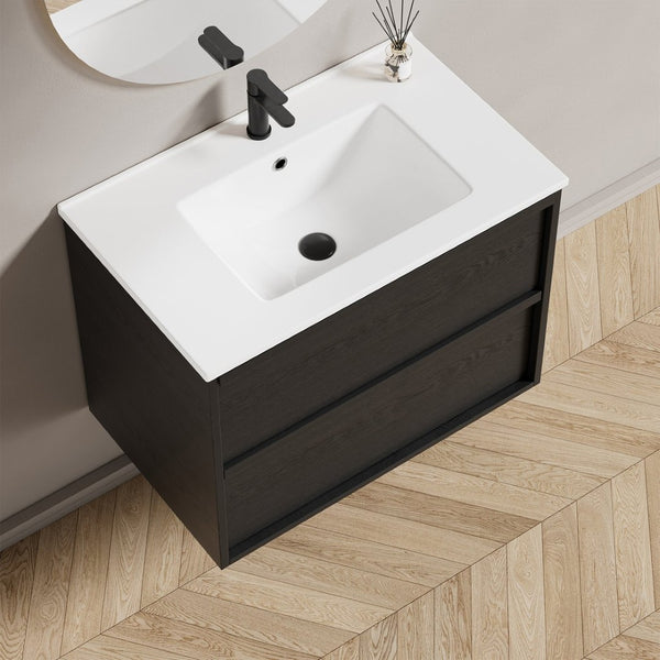 English Elm 30 Inch Floating Bathroom Vanity with Ceramic Sink Fluted Matte Black Modern Design W3520S00056