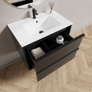 English Elm 30 Inch Floating Bathroom Vanity with Ceramic Sink Fluted Matte Black Modern Design W3520S00056