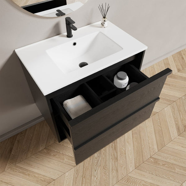 English Elm 30 Inch Floating Bathroom Vanity with Ceramic Sink Fluted Matte Black Modern Design W3520S00056