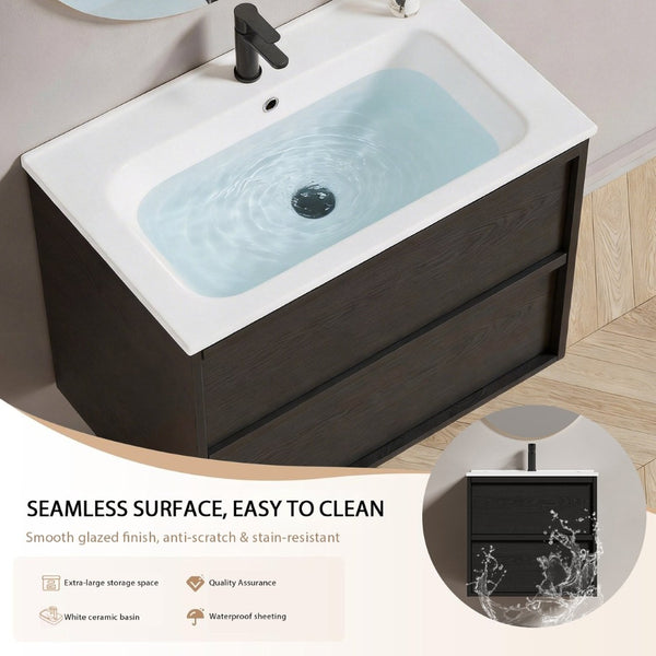 English Elm 30 Inch Floating Bathroom Vanity with Ceramic Sink Fluted Matte Black Modern Design W3520S00056