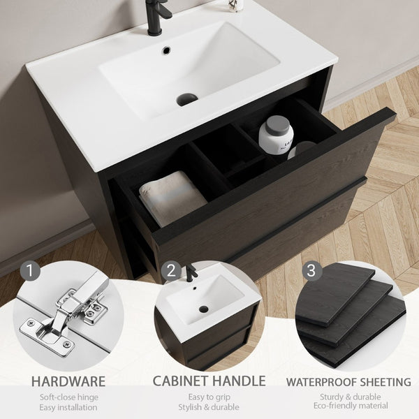 English Elm 30 Inch Floating Bathroom Vanity with Ceramic Sink Fluted Matte Black Modern Design W3520S00056