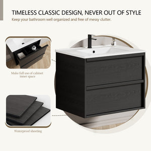 English Elm 30 Inch Floating Bathroom Vanity with Ceramic Sink Fluted Matte Black Modern Design W3520S00056
