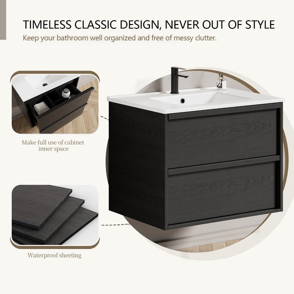 English Elm 30 Inch Floating Bathroom Vanity with Ceramic Sink Fluted Matte Black Modern Design W3520S00056