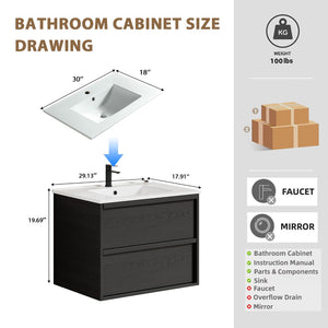English Elm 30 Inch Floating Bathroom Vanity with Ceramic Sink Fluted Matte Black Modern Design W3520S00056