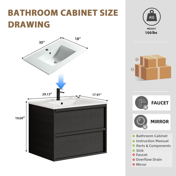 English Elm 30 Inch Floating Bathroom Vanity with Ceramic Sink Fluted Matte Black Modern Design W3520S00056