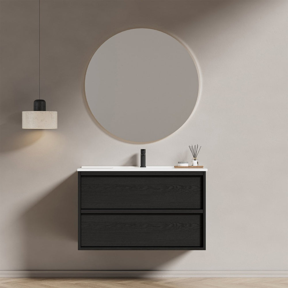 English Elm 36 Inch Floating Bathroom Vanity with Ceramic Sink Fluted Gray Drawers Modern Style W3520S00057