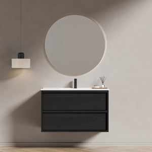 English Elm 36 Inch Floating Bathroom Vanity with Ceramic Sink Fluted Gray Drawers Modern Style W3520S00057