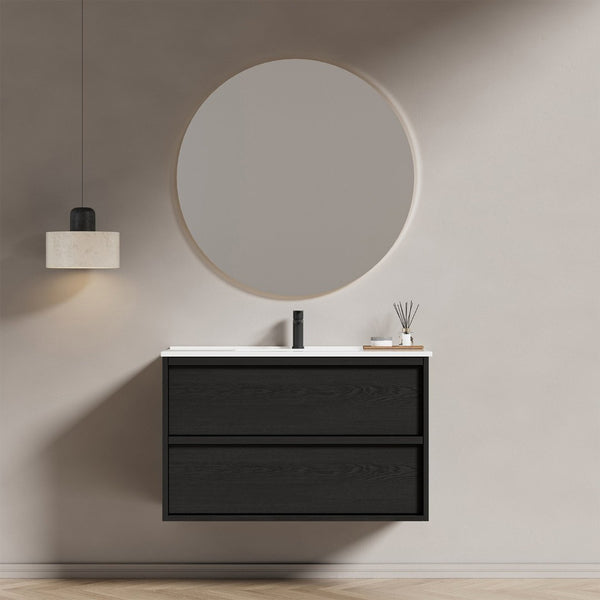 English Elm 36 Inch Floating Bathroom Vanity with Ceramic Sink Fluted Gray Drawers Modern Style W3520S00057