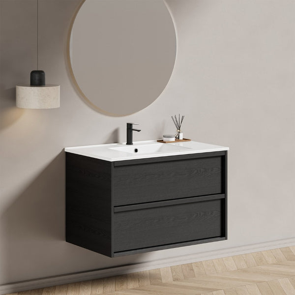 English Elm 36 Inch Floating Bathroom Vanity with Ceramic Sink Fluted Gray Drawers Modern Style W3520S00057