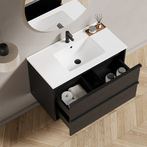 English Elm 36 Inch Floating Bathroom Vanity with Ceramic Sink Fluted Gray Drawers Modern Style W3520S00057
