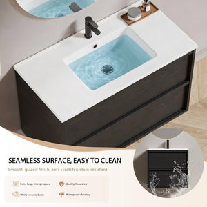 English Elm 36 Inch Floating Bathroom Vanity with Ceramic Sink Fluted Gray Drawers Modern Style W3520S00057