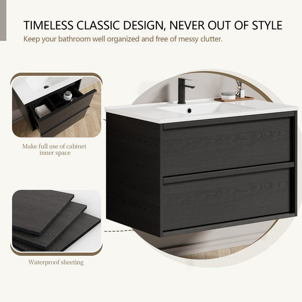 English Elm 36 Inch Floating Bathroom Vanity with Ceramic Sink Fluted Gray Drawers Modern Style W3520S00057