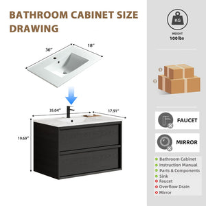 English Elm 36 Inch Floating Bathroom Vanity with Ceramic Sink Fluted Gray Drawers Modern Style W3520S00057