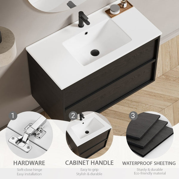 English Elm 36 Inch Floating Bathroom Vanity with Ceramic Sink Fluted Gray Drawers Modern Style W3520S00057